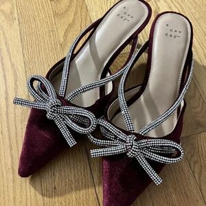a new day Burgundy Velvet Slingback Heels with Crystal Bow Straps